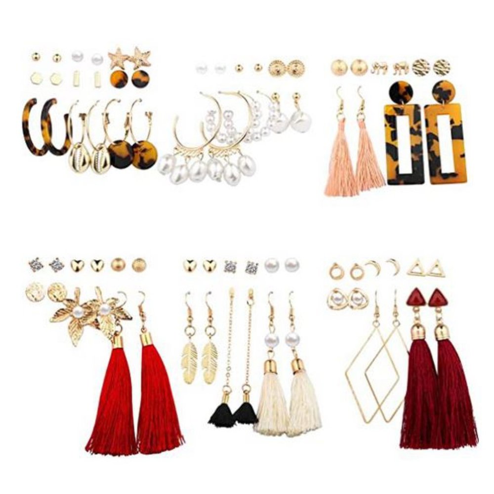38 Pairs of Earrings - Hoop Stud Tassles Leopard